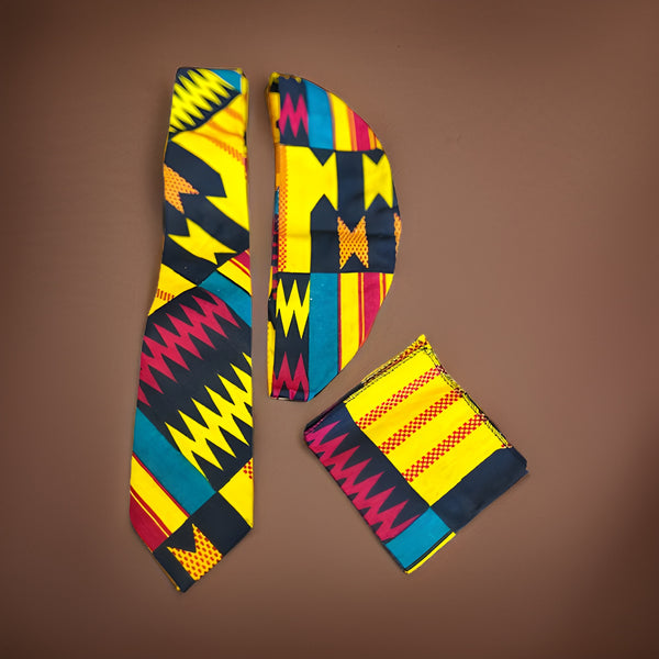 African Kente Multi Print 3pc Yellow/Black Necktie Set - Premium African Accessories from MAGOS - Just $22! Shop this and more African Accessories now 