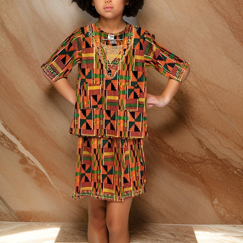 Girls 3pc African Print Orange Kente Style2 Top & Skirt Set - Premium African Apparel from MAGOS - Just $30! Shop this and more African Apparel now 
