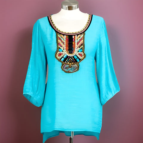 Loose Fit Embellished Tunic Blue Top - Premium Other Fashions from MAGOS - Just $10! Shop this and more Other Fashions now 
