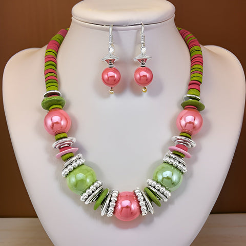 Pink & Green Beaded Disk Necklace & Earring Set - Premium Fashion Jewelry from MAGOS - Just $10! Shop this and more Fashion Jewelry now 