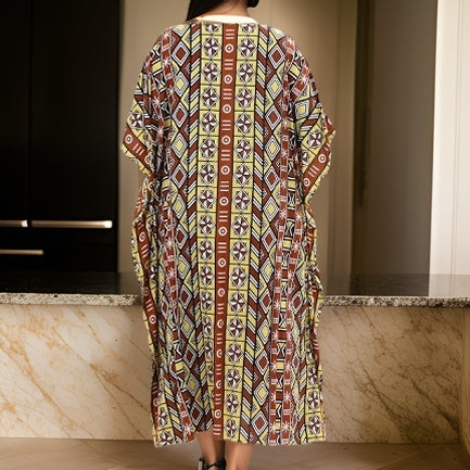Women African Tribal Print Brown Kaftan Dress - Premium African Apparel from MAGOS - Just $19.99! Shop this and more African Apparel now 