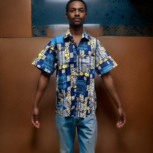 Men's Blue Multi-Tone/Yellow Print Short Sleeve Button Down Shirt (XXL)