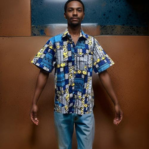 Men's Blue Multi-Tone/Yellow Print Short Sleeve Button Down Shirt (XXL)