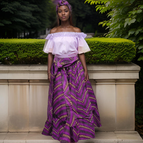 Women's African Print Maxi Skirt and Matching Bag (Purple)