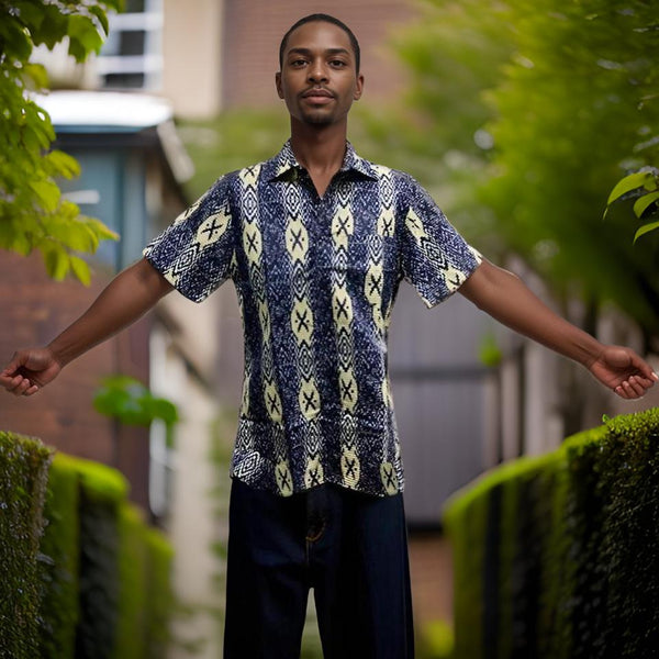 Men's Navy Blue/Cream X Print Short Sleeve Button Down Shirt (M)