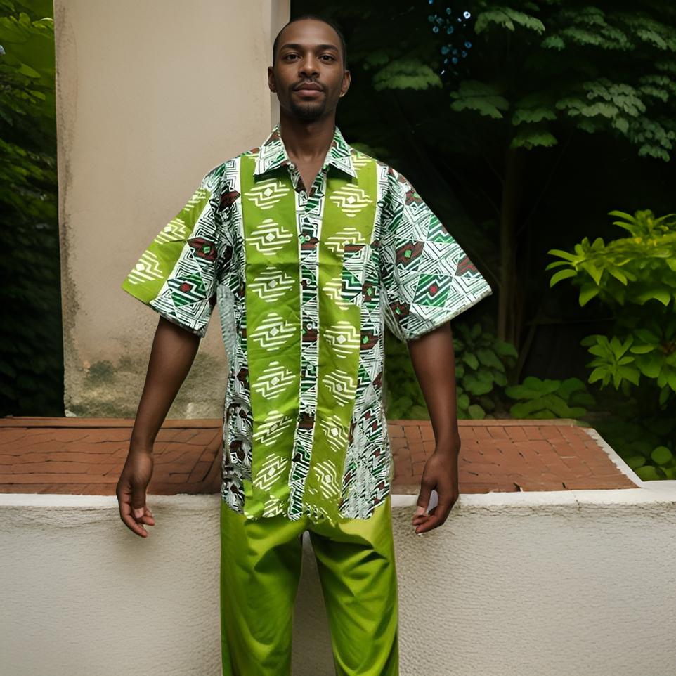 Men's Green/Olive/White/Red Print Short Sleeve Button Down Shirt (3X)