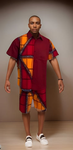 Men's Red/Gold African Print Shorts Set