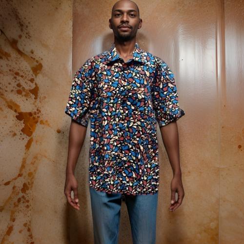 Men's Orange/Blue/Navy Tear Drop Print Short Sleeve Button Down Shirt (3XL)