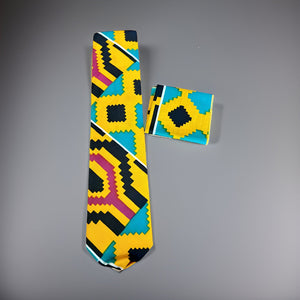 2pc African Kente Black/Gold Multi Print Necktie & Hanky Set - Premium African Accessories from MAGOS - Just $13.50! Shop this and more African Accessories now 