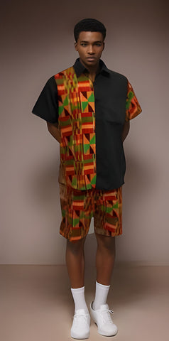 Men's Black/Kente African Print Shorts Set