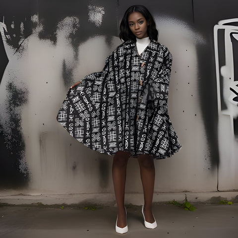 Authentic African Print Big Button Black/White Tunic Dress