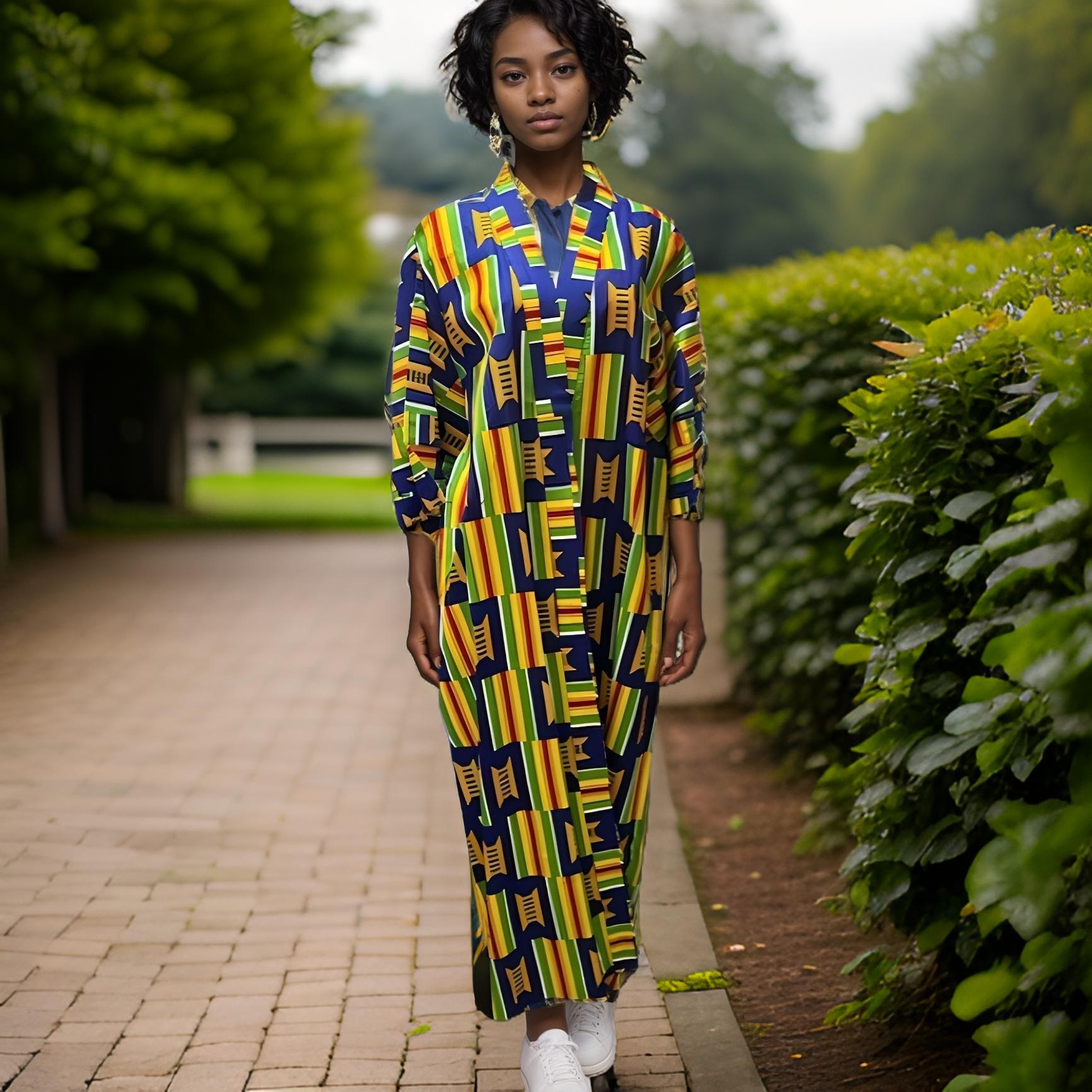 African Ankara Blue Royal Crown Print Long Duster