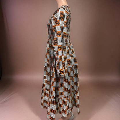 African Gye Nyame Print Long Maxi Smoked Tier Dress