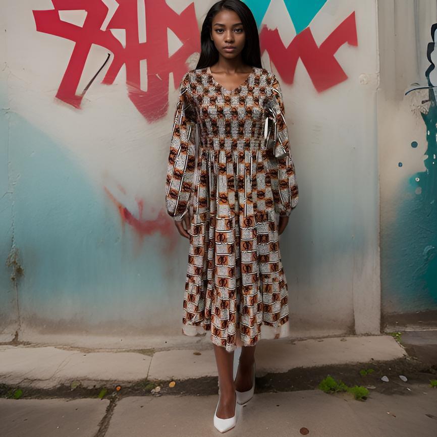 African Gye Nyame Print Long Maxi Smoked Tier Dress