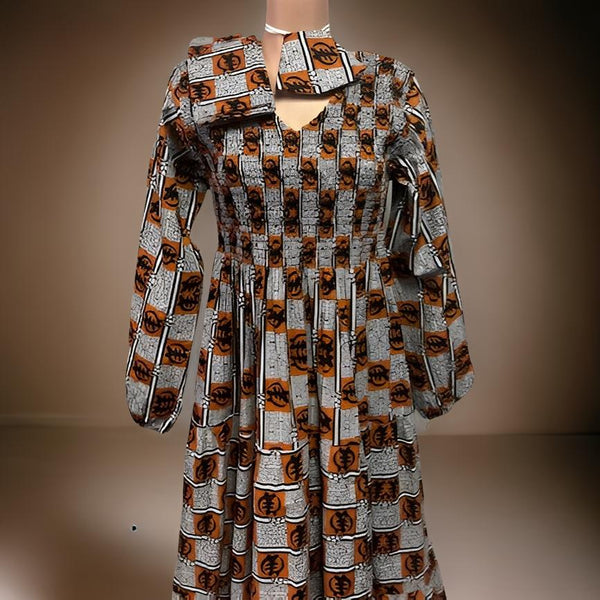 African Gye Nyame Print Long Maxi Smoked Tier Dress