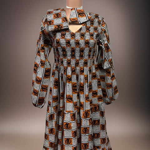 African Gye Nyame Print Long Maxi Smoked Tier Dress - Premium African Apparel from MAGOS - Just $55! Shop this and more African Apparel now 