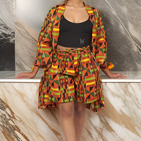 African Kente Print Style1 Duster & Shorts Set - Premium African Apparel from MAGOS - Just $50! Shop this and more African Apparel now 