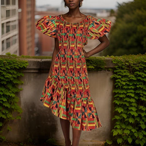 African Kente Style1 Print Smocked Puff Sleeve Gown