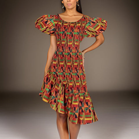 African Kente Style1 Print Smocked Puff Sleeve Gown - Premium African Apparel from MAGOS - Just $50! Shop this and more African Apparel now 