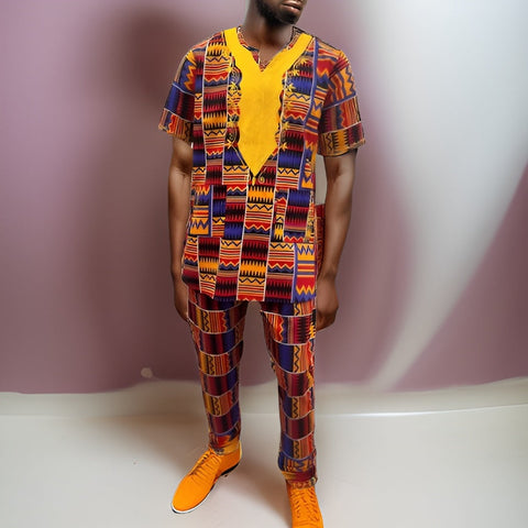 African Men Red/Blue Kente Embroidered Men Pant Set - Premium African Apparel from MAGOS - Just $65! Shop this and more African Apparel now 