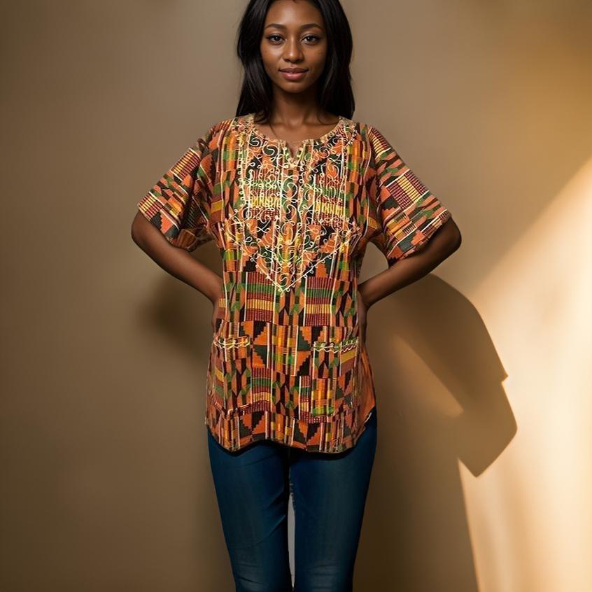 African Orange Kente Embroidered Dashiki Top (Medium)