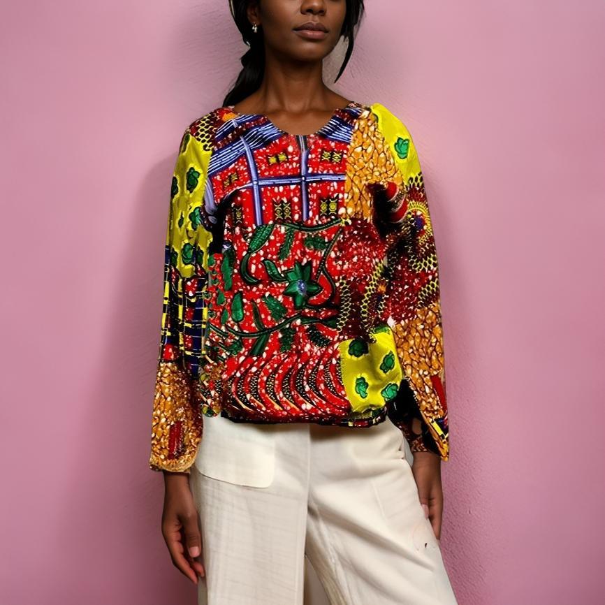 African Print Long Sleeve Ankara Patched Blouse