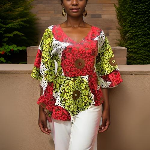 African Print Red/Yellow/White Wrap Top