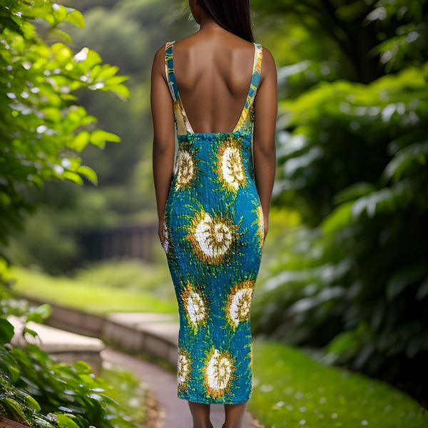 African Print Stretchy Ankara (Green Sun) Print Dress