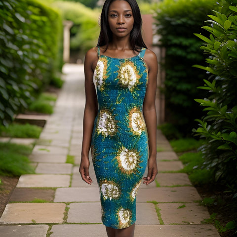 African Print Stretchy Ankara (Green Sun) Print Dress