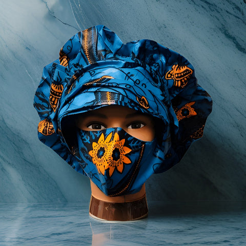 African Wax Print Hair Bonnet w/Sash & Matching Mask Set - Premium African Accessories from MAGOS - Just $19.99! Shop this and more African Accessories now 