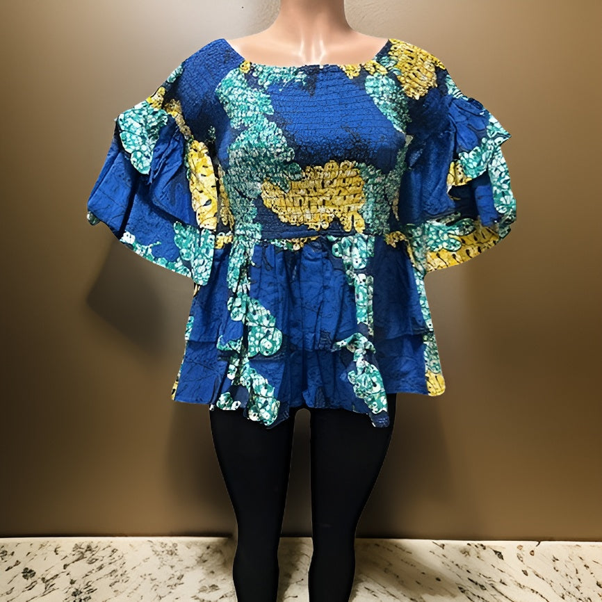 Ankara Double Layer Blue Floral Print Smoked Peplum Blouse - Premium African Apparel from MAGOS - Just $35! Shop this and more African Apparel now 