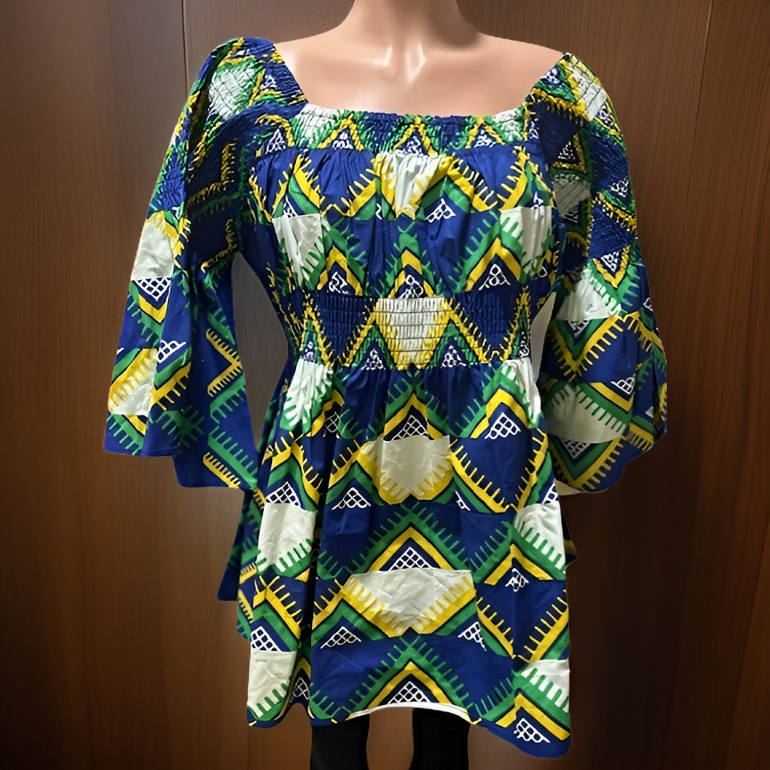 Ankara Double Layer Blue White Print Smoked Peplum Blouse - Premium African Apparel from MAGOS - Just $35! Shop this and more African Apparel now 