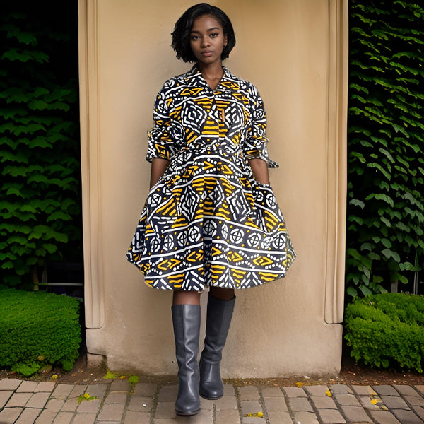 Authentic African Black/Yellow Print Big Button Tunic Dress