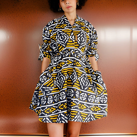 Authentic African Black/Yellow Print Big Button Tunic Dress - Premium African Apparel from MAGOS - Just $55! Shop this and more African Apparel now 