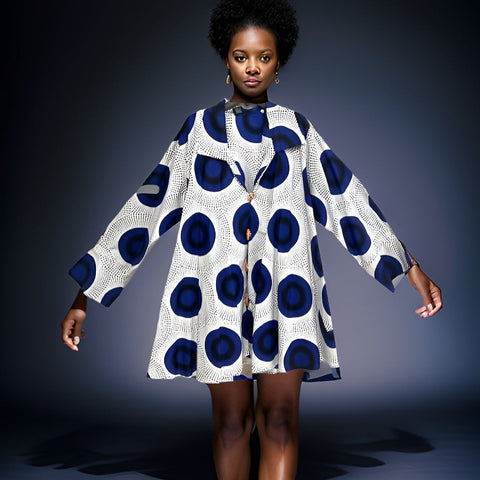 Authentic African Blue/White Disc Print Big Button Tunic Dress - Premium African Apparel from MAGOS - Just $55! Shop this and more African Apparel now 