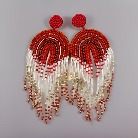 Beaded Arch 2-Tier Seed Fringe Earrings (Red) - Premium Jewelry from MAGOS - Just $10.99! Shop this and more Jewelry now 