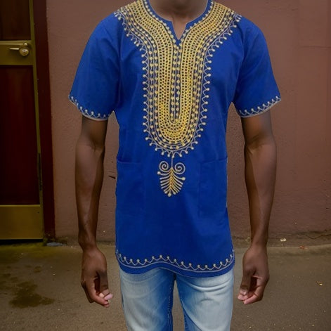 Blue & Gold Embroidered Dashiki Shirt - Premium African Apparel from MAGOS - Just $35! Shop this and more African Apparel now 