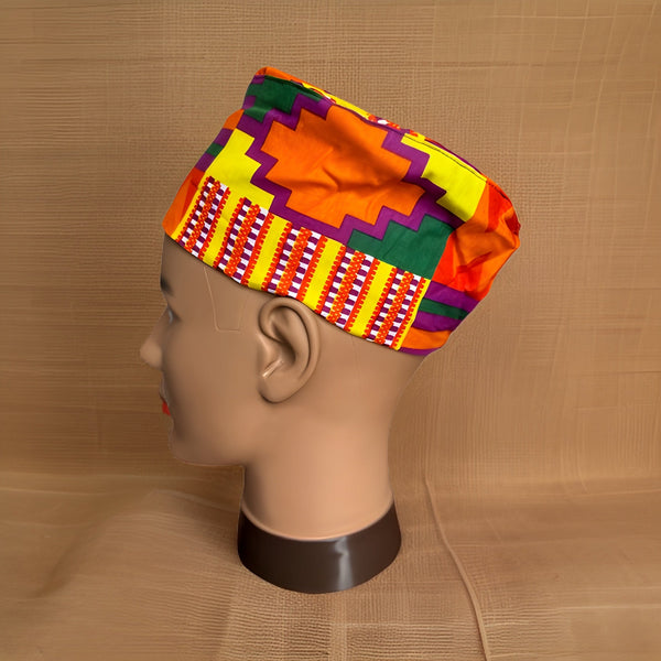 Bold Orange/Red Colorful Kente Print African Kufi Hat with Matching Mask - Premium African Accessories from MAGOS - Just $17.50! Shop this and more African Accessories now 