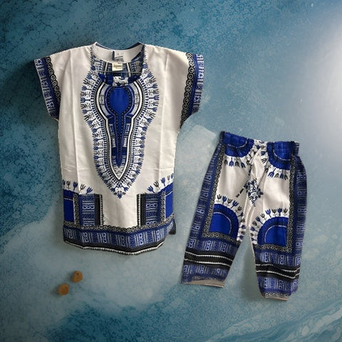 Big Boys White Blue African Dashiki Pant Set - Premium African Apparel from MAGOS - Just $25! Shop this and more African Apparel now 