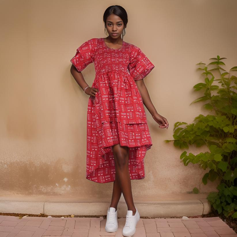 Tiered Red White African Print Dress