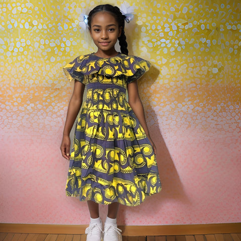 Girls African Yellow/Purple Print Smoked Dress