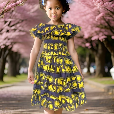 Girls African Yellow/Purple Print Smoked Dress - Premium African Apparel from MAGOS - Just $25! Shop this and more African Apparel now 