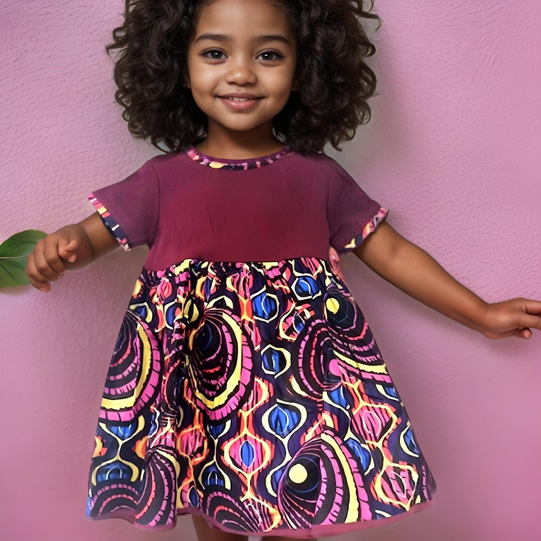 Girls Ankara Trim Purple Dress