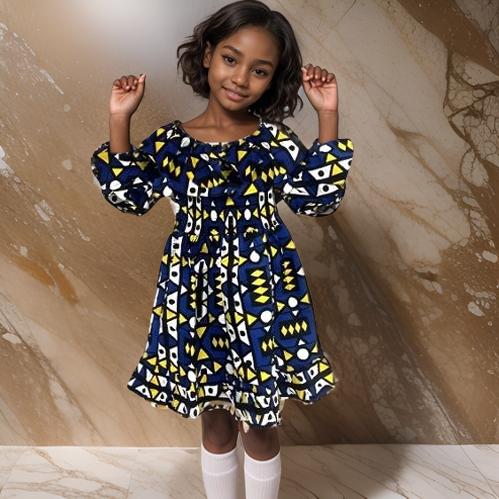 Girls Blue/Yellow African Print Dress w/Headband