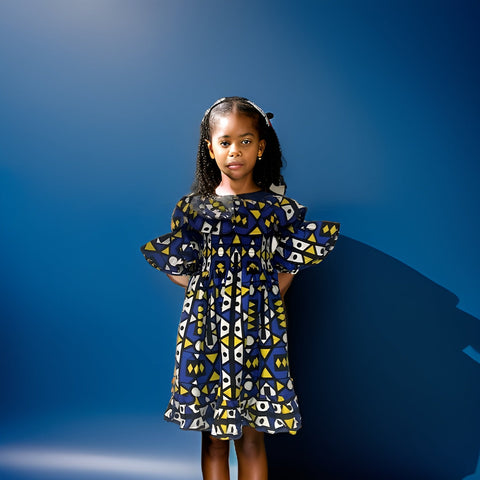 Girls Blue/Yellow African Print Dress w/Headband - Premium African Apparel from MAGOS - Just $25! Shop this and more African Apparel now 