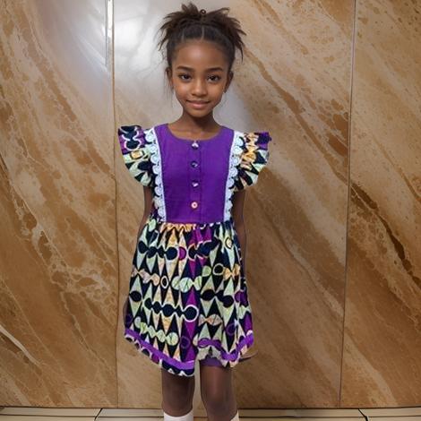 Girls Purple African Print Dress (8T)