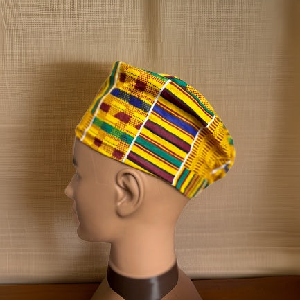 Green/Yellow/Gold Style1 Kente Print African Kufi Hat with Matching Mask - Premium African Accessories from MAGOS - Just $17.50! Shop this and more African Accessories now 