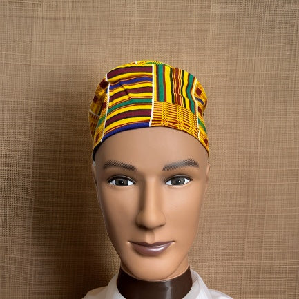 Green/Yellow/Gold Style1 Kente Print African Kufi Hat with Matching Mask - Premium African Accessories from MAGOS - Just $17.50! Shop this and more African Accessories now 
