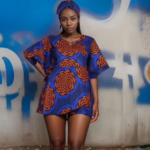 African Print Red/Blue Wrap Top