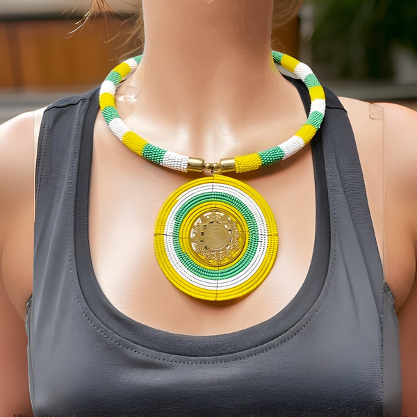 Maasai African Round Green/Yellow/White Beaded Choker Necklace & Earring Set - Premium Jewelry from MAGOS - Just $24.50! Shop this and more Jewelry now 